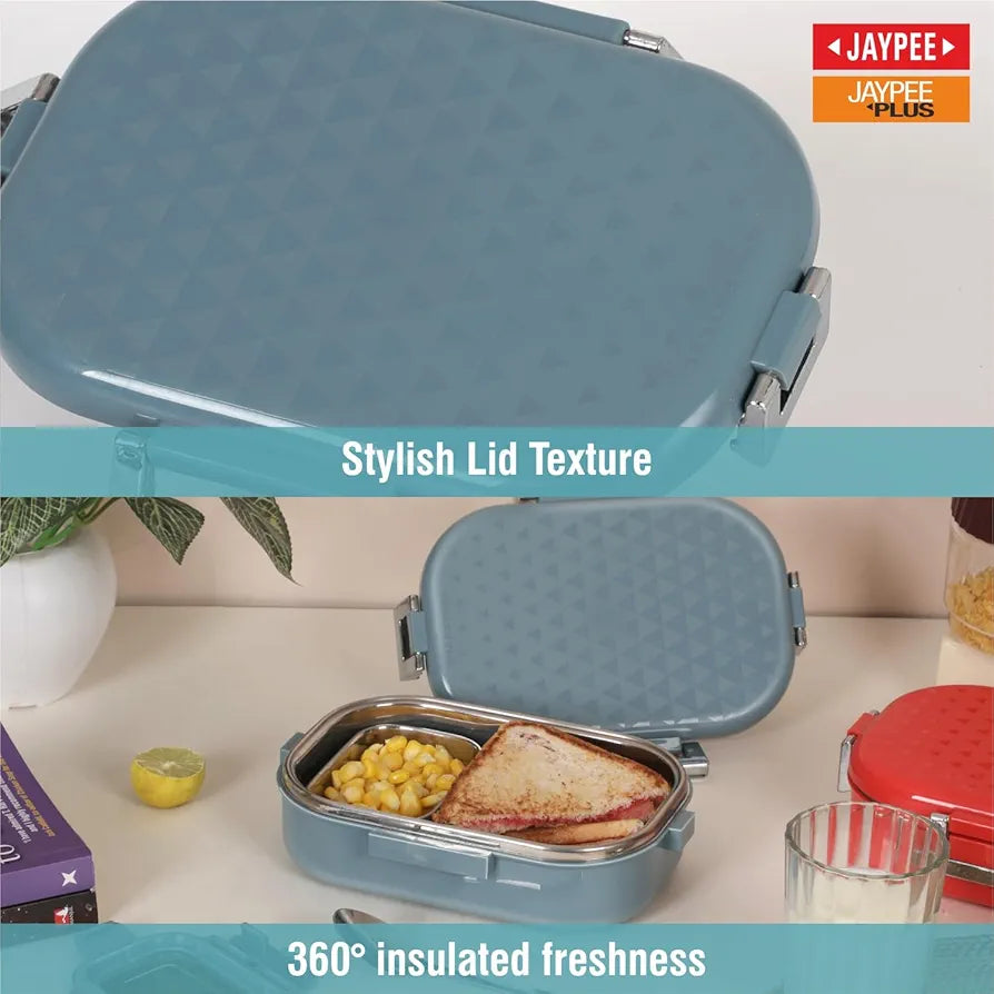 JAYPEE Snapsteel Inner Stainless Steel Insulated Lunch Box Blue, 650 ml, Airtight Tiffin Box for School Kids | Spillproof with Silicon Seal | Food Grade | BPA Free